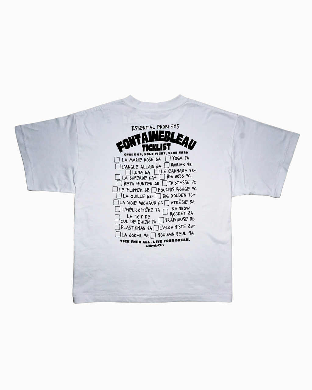 Climb On, Fontainebleau Ticklist T-Shirt in weiß mit schwarzer Schrift im Siebdruck veredelt