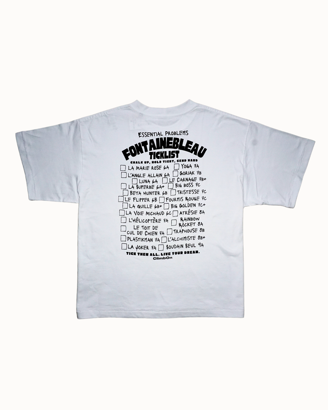 Climb On, Fontainebleau Ticklist T-Shirt in weiß mit schwarzer Schrift im Siebdruck veredelt